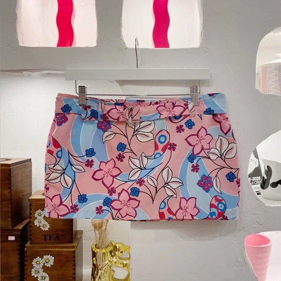 Vintage Y2K Pink and Blue Floral Belted Mini Skirt - Picture 4 of 4